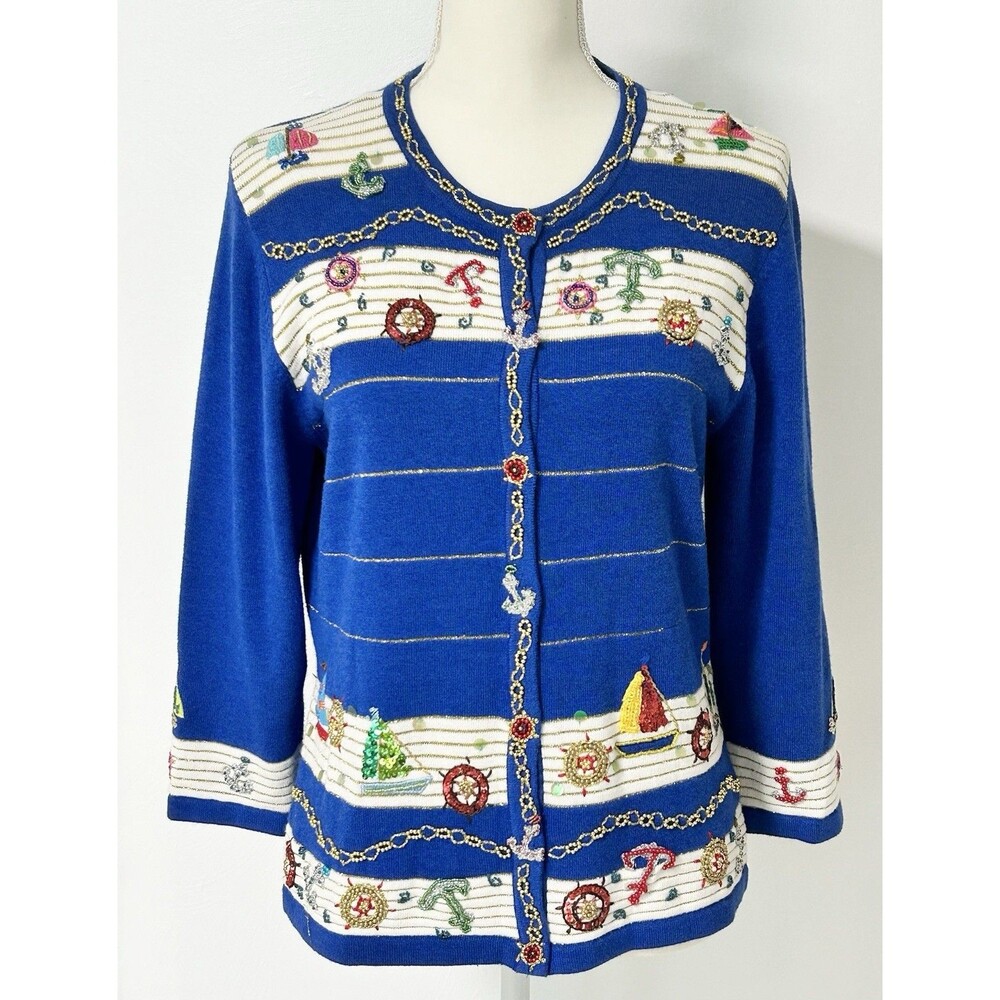 Just B Cardigan Sweater Blue Nautical Sequin Patches Small Grandmacore Fab